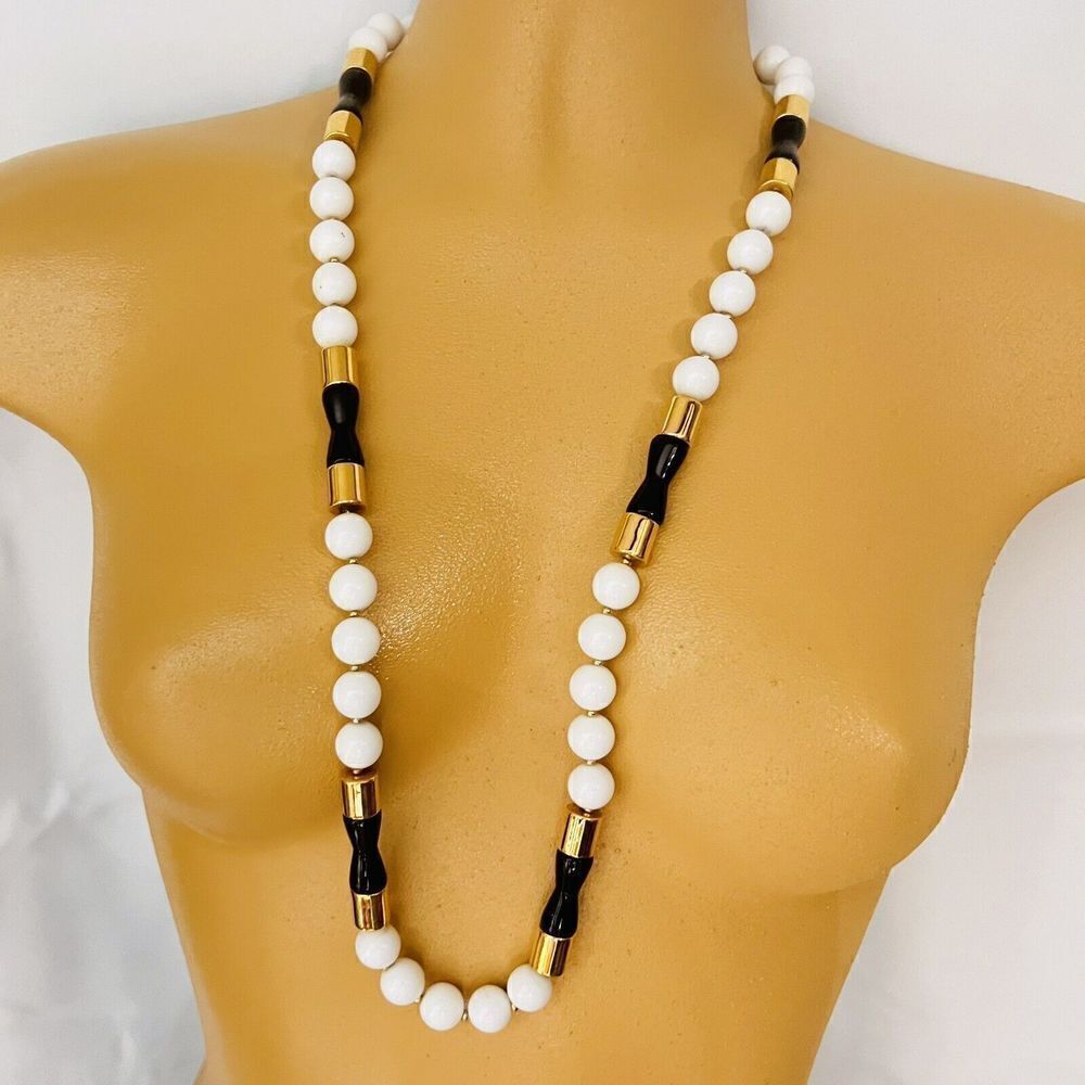 Vintage Napier Signed Lucite White Black Gold Beaded Necklace Chunky Beads
